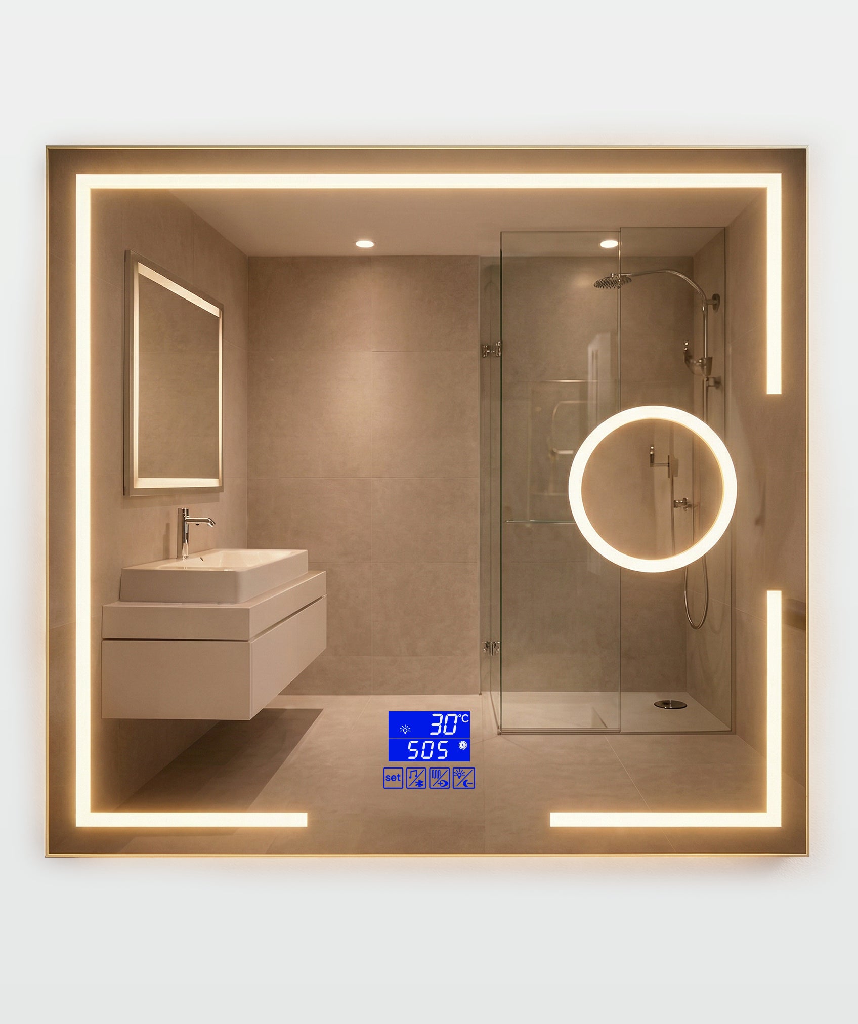 Espejo con bluetooth, zoom X5 y luz LED regulable